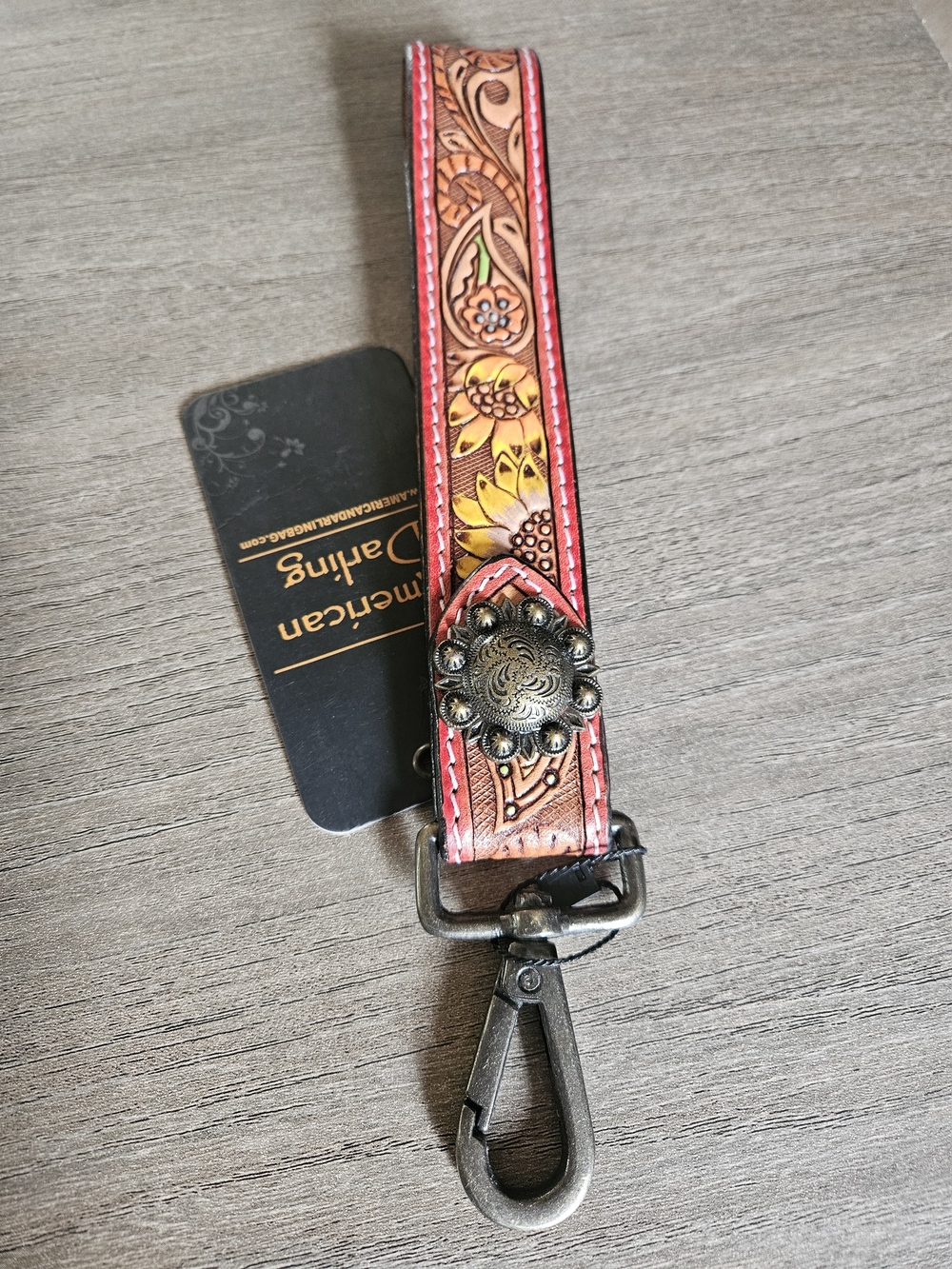 American Darling Red-Trim Tooled Leather Key Fob Wristlet with Concho-NWT